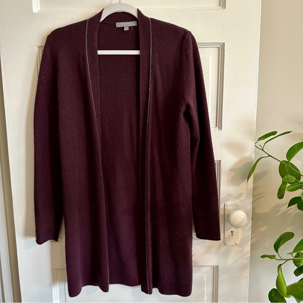 NEIMAN MARCUS Cashmere Collection, Long Plum Cardigan w/ Sparkle Detailing, Sz S